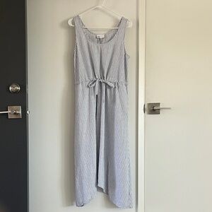 Blue Stripe Sleeveless Dress with Tie Waist and Pockets